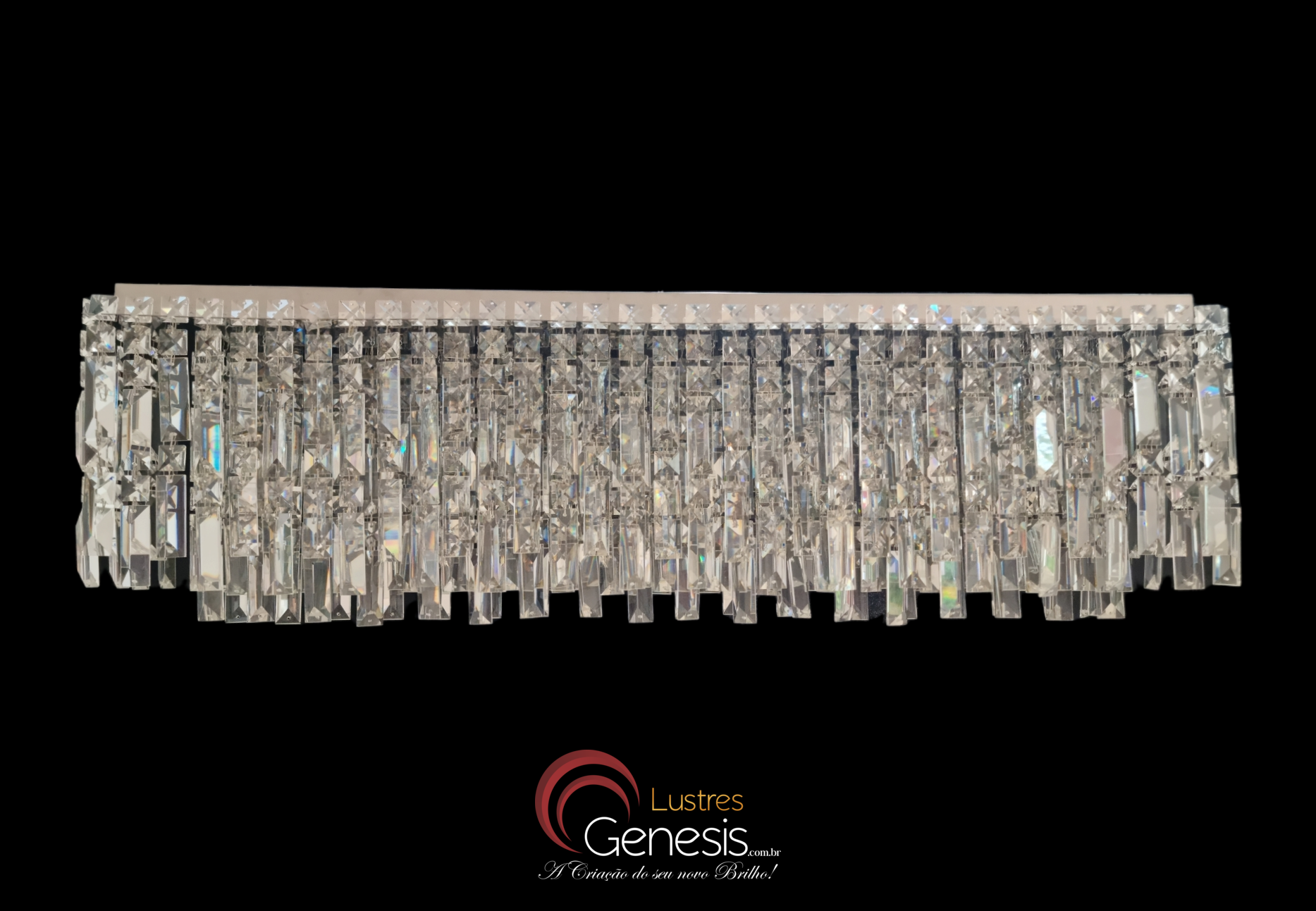 Pendente lustre de cristal retangular Kalista 90x20 para sala de estar e jantar, com cristais pendentes e design moderno, ideal para decorar ambientes sofisticados.